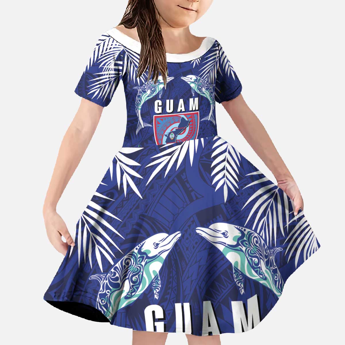 Guam Liberation Day Family Matching Off The Shoulder Long Sleeve Dress and Hawaiian Shirt The Tribal Latte Stone and Dolphins with Hibiscus Chamorro Culture