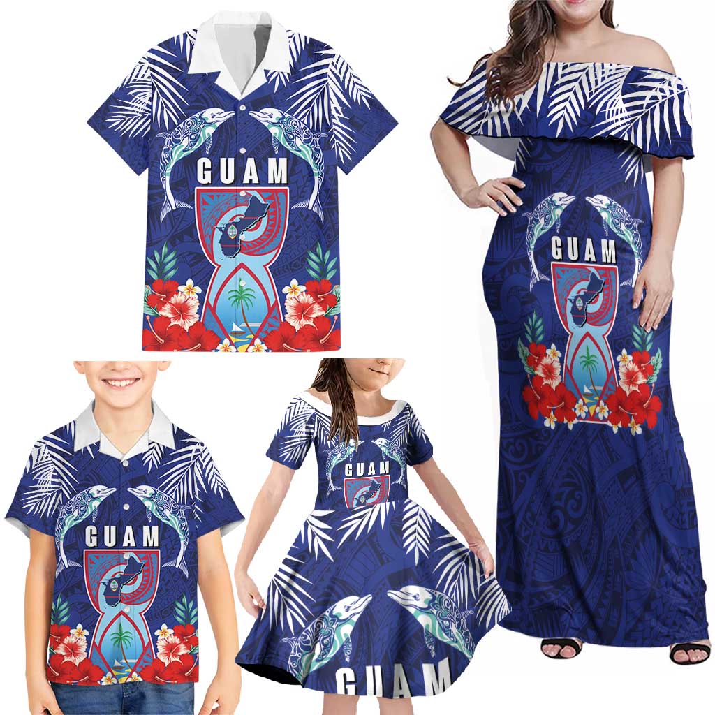 Guam Liberation Day Family Matching Off Shoulder Maxi Dress and Hawaiian Shirt The Tribal Latte Stone and Dolphins with Hibiscus Chamorro Culture