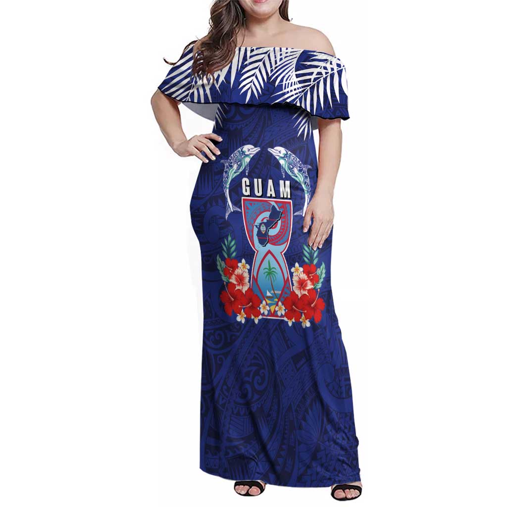 Guam Liberation Day Family Matching Off Shoulder Maxi Dress and Hawaiian Shirt The Tribal Latte Stone and Dolphins with Hibiscus Chamorro Culture