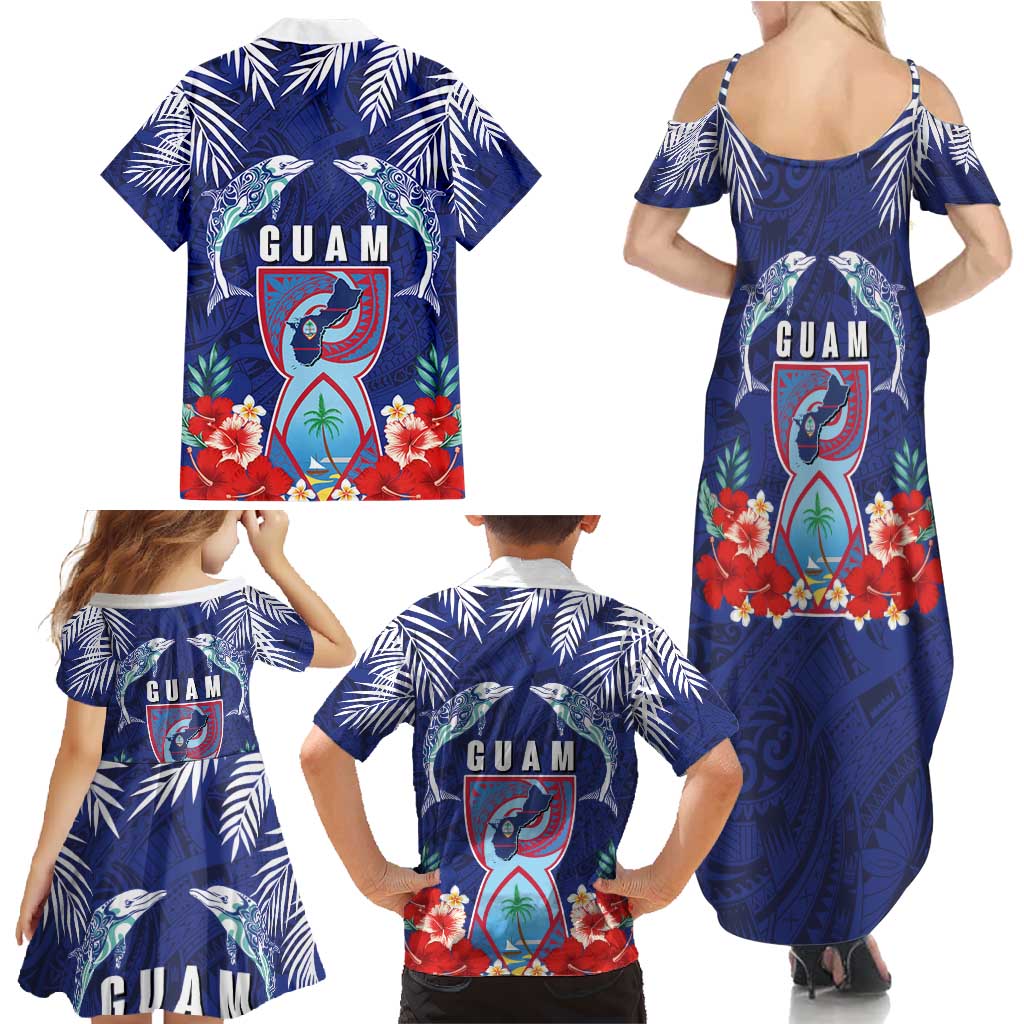 Guam Liberation Day Family Matching Summer Maxi Dress and Hawaiian Shirt The Tribal Latte Stone and Dolphins with Hibiscus Chamorro Culture