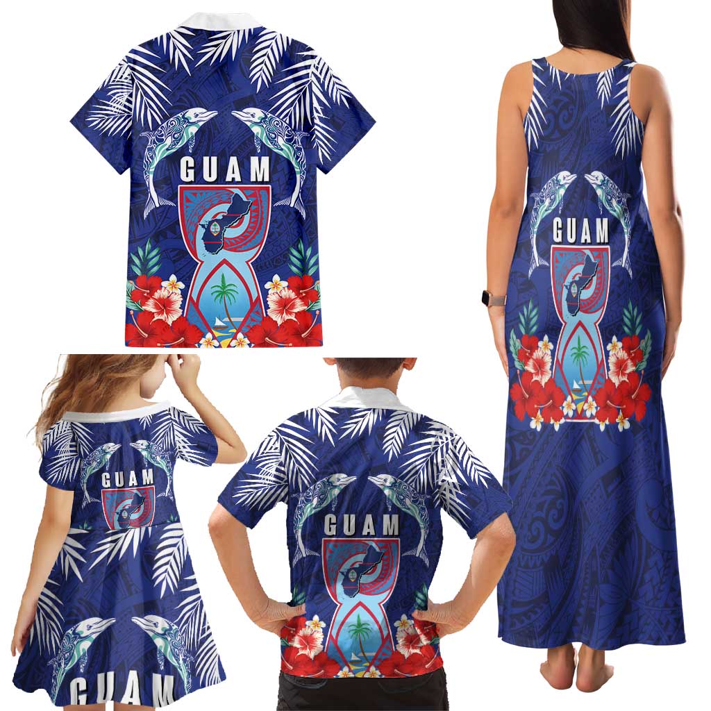 Guam Liberation Day Family Matching Tank Maxi Dress and Hawaiian Shirt The Tribal Latte Stone and Dolphins with Hibiscus Chamorro Culture