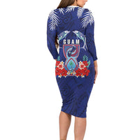 Guam Liberation Day Long Sleeve Bodycon Dress The Tribal Latte Stone and Dolphins with Hibiscus Chamorro Culture