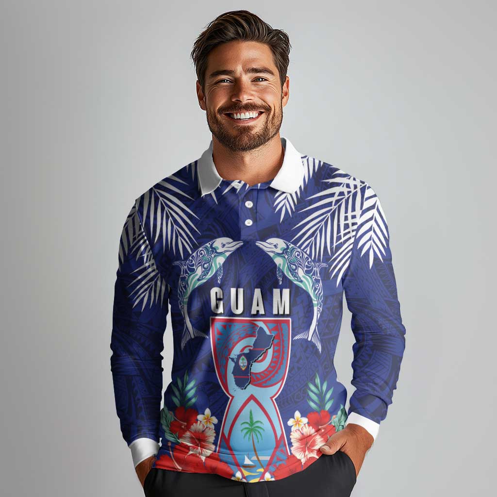 Guam Liberation Day Long Sleeve Polo Shirt The Tribal Latte Stone and Dolphins with Hibiscus Chamorro Culture