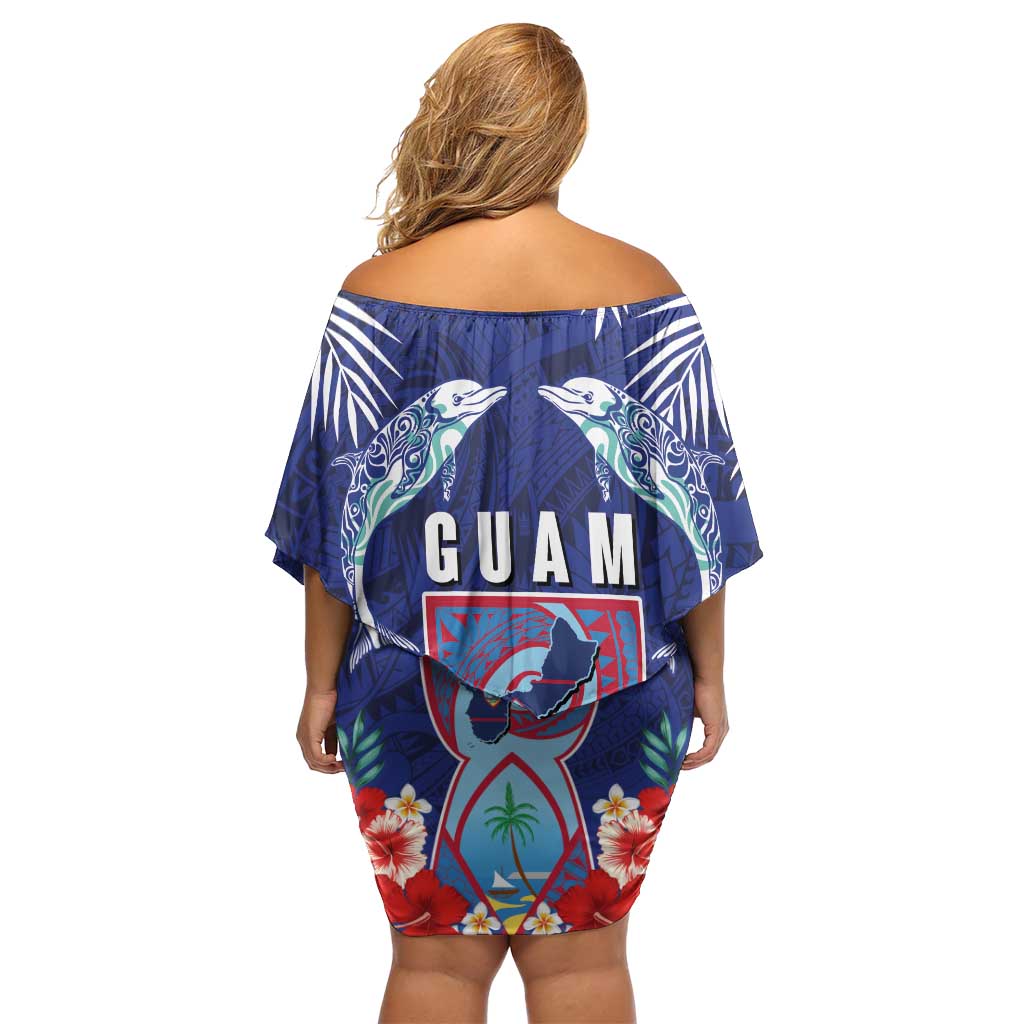 Guam Liberation Day Off Shoulder Short Dress The Tribal Latte Stone and Dolphins with Hibiscus Chamorro Culture