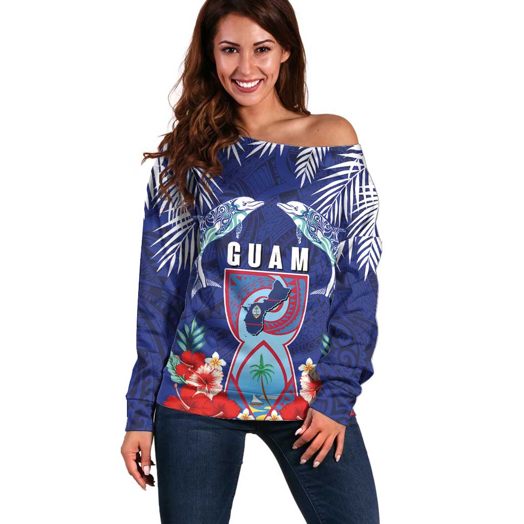 Guam Liberation Day Off Shoulder Sweater The Tribal Latte Stone and Dolphins with Hibiscus Chamorro Culture