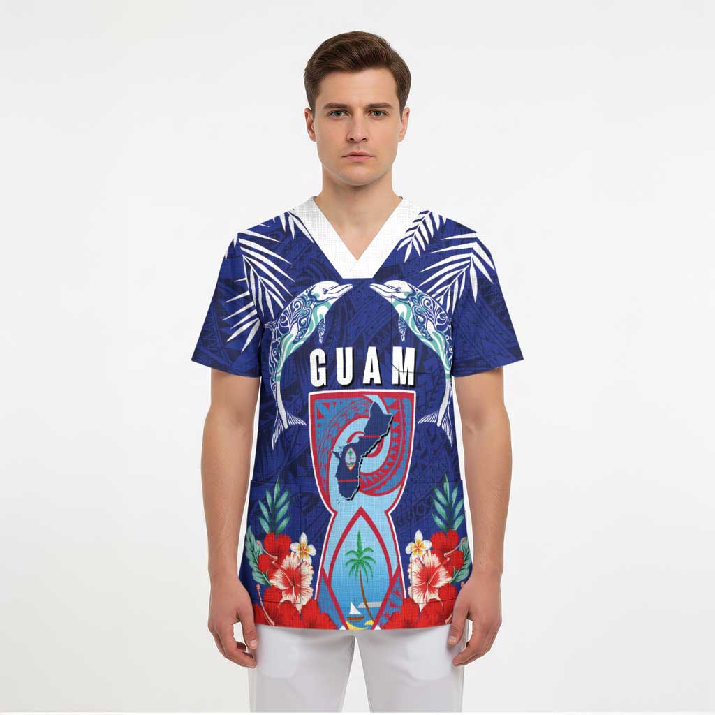Guam Liberation Day Scrub Top The Tribal Latte Stone and Dolphins with Hibiscus Chamorro Culture LT03 - Polynesian Pride