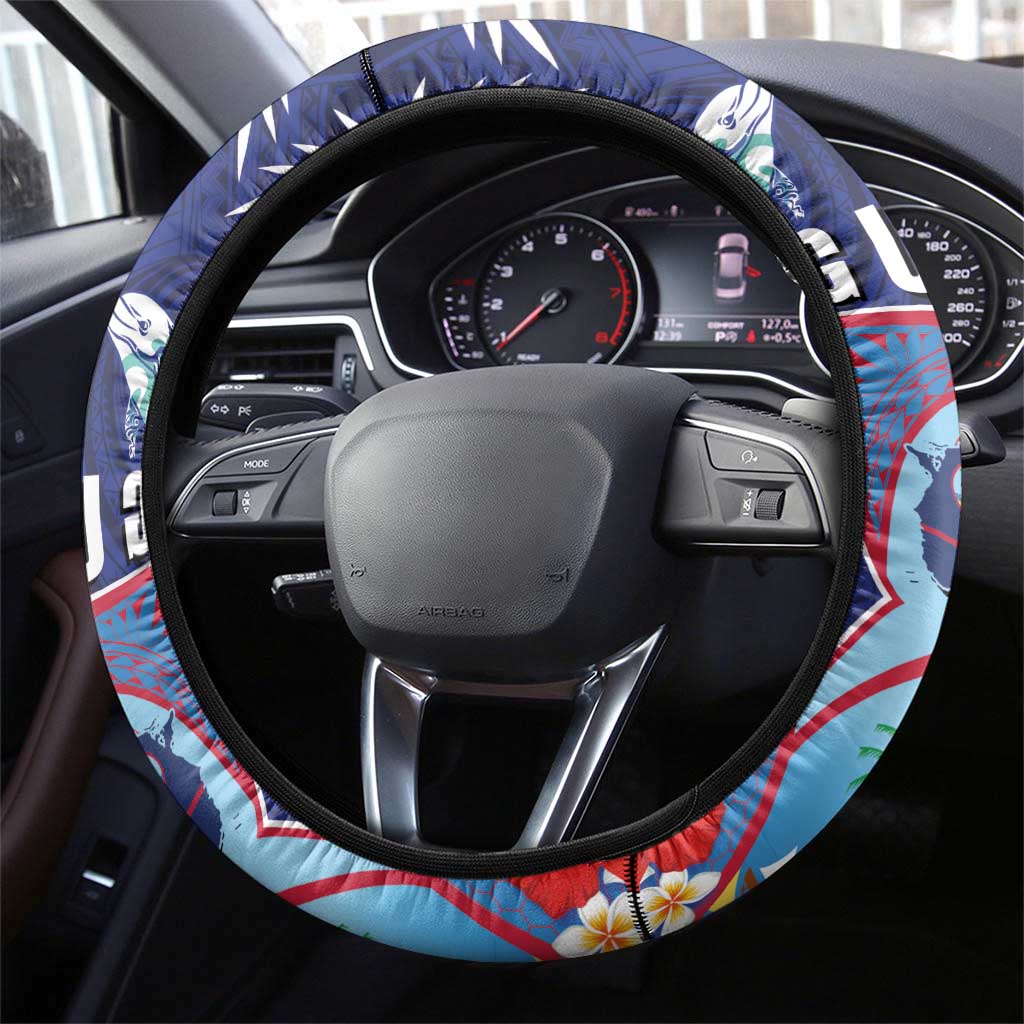 Guam Liberation Day Steering Wheel Cover The Tribal Latte Stone and Dolphins with Hibiscus Chamorro Culture