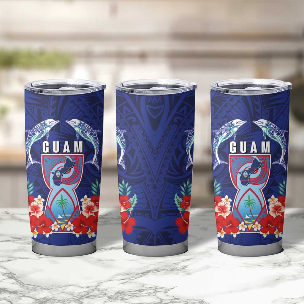 Guam Liberation Day Tumbler Cup The Tribal Latte Stone and Dolphins with Hibiscus Chamorro Culture