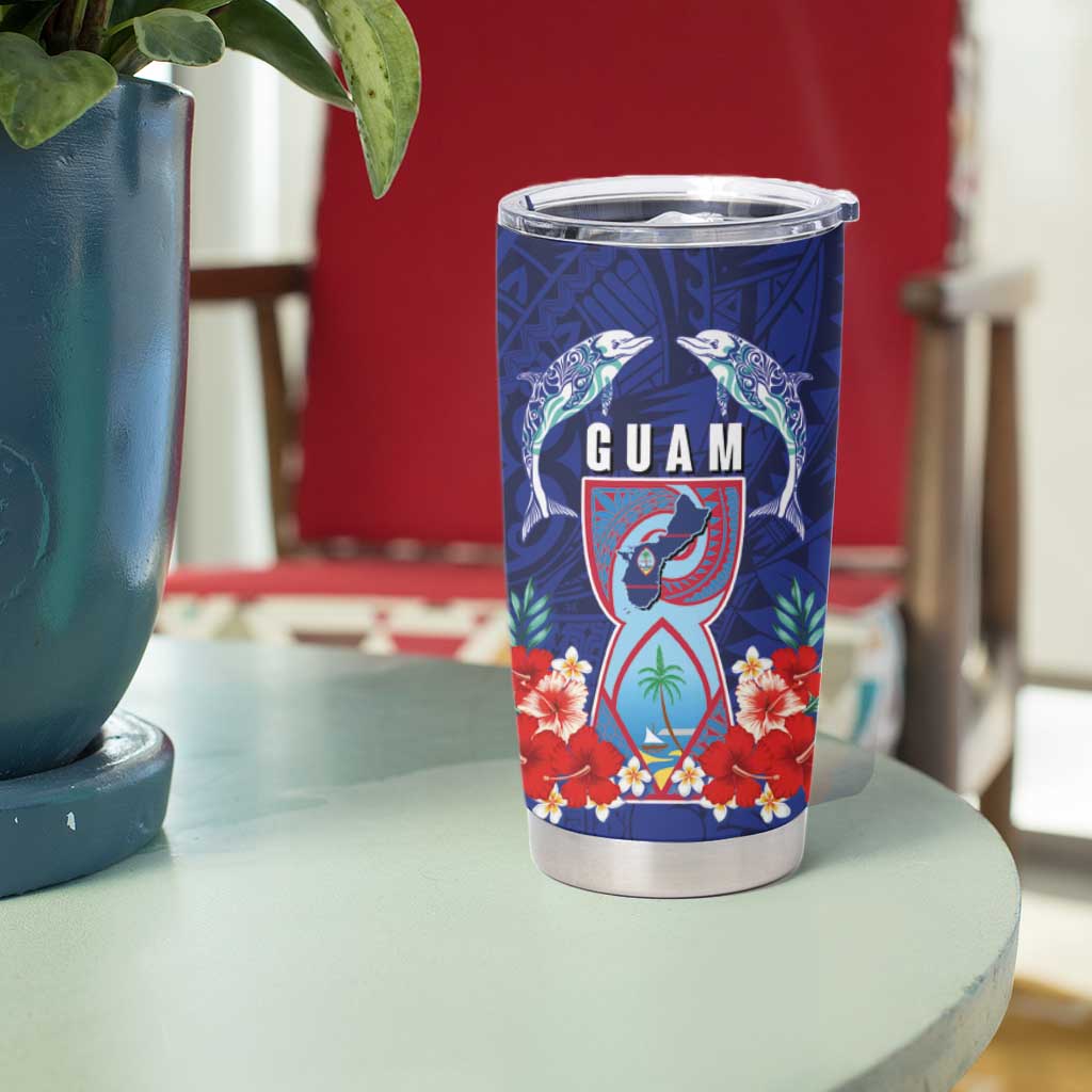 Guam Liberation Day Tumbler Cup The Tribal Latte Stone and Dolphins with Hibiscus Chamorro Culture