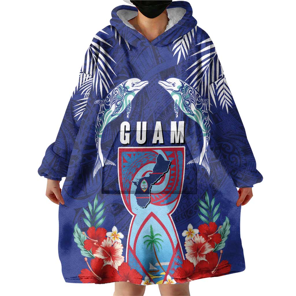 Guam Liberation Day Wearable Blanket Hoodie The Tribal Latte Stone and Dolphins with Hibiscus Chamorro Culture