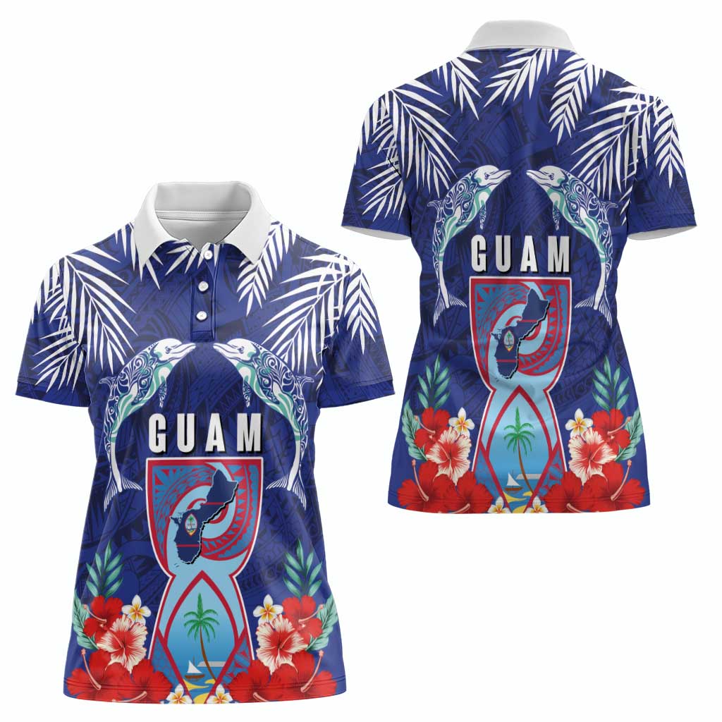 Guam Liberation Day Women Polo Shirt The Tribal Latte Stone and Dolphins with Hibiscus Chamorro Culture