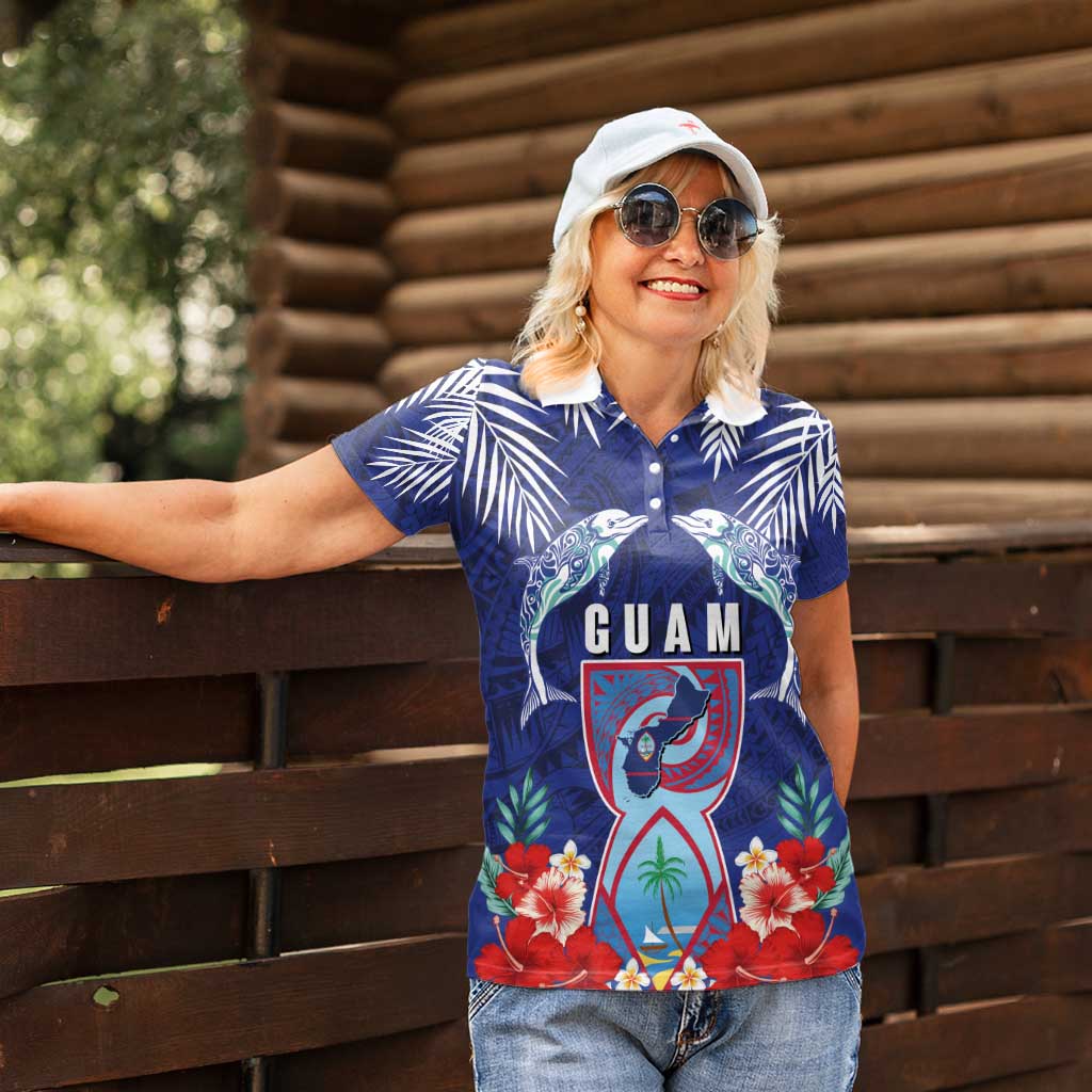 Guam Liberation Day Women Polo Shirt The Tribal Latte Stone and Dolphins with Hibiscus Chamorro Culture