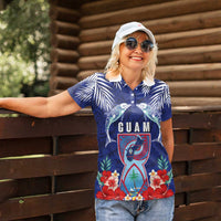 Guam Liberation Day Women Polo Shirt The Tribal Latte Stone and Dolphins with Hibiscus Chamorro Culture