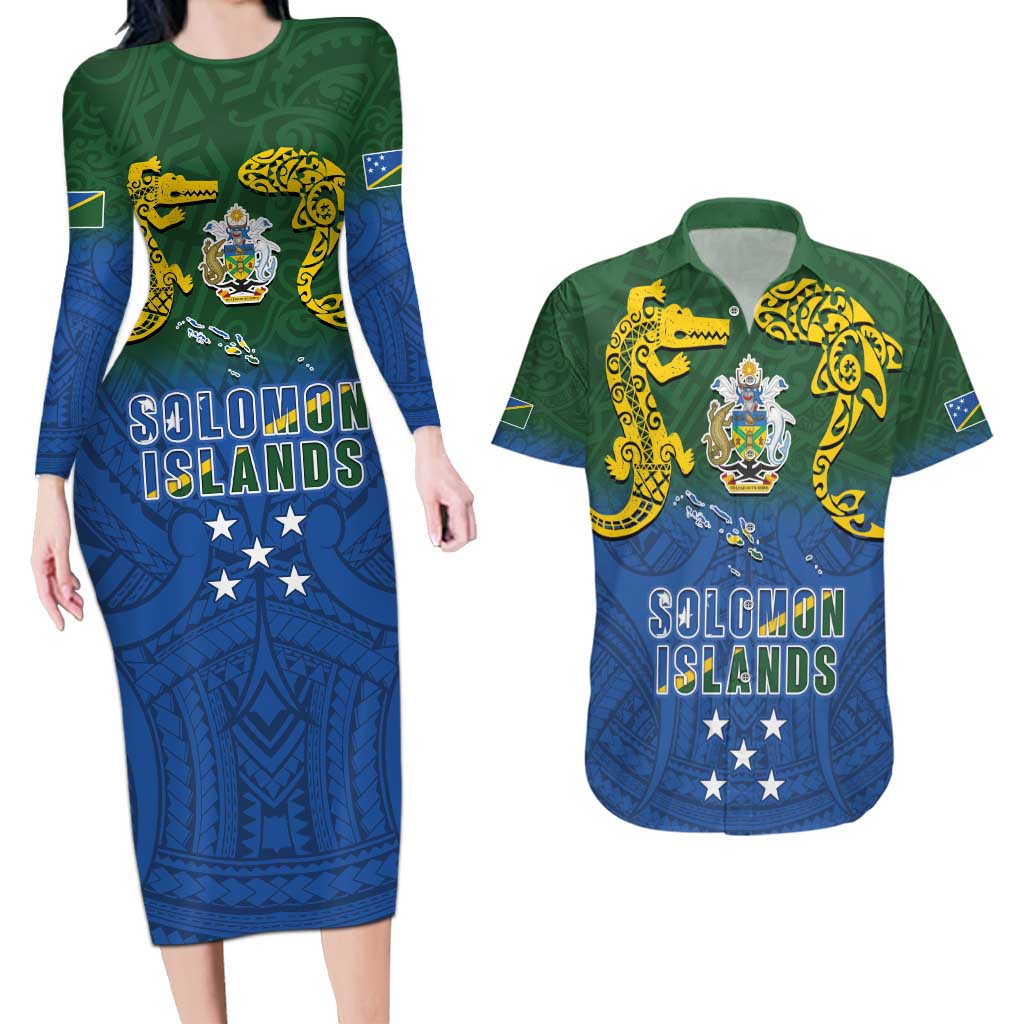 Solomon Islands Couples Matching Long Sleeve Bodycon Dress and Hawaiian Shirt The Guardians-Tribal Crocodile and Shark Melanesian Tattoo