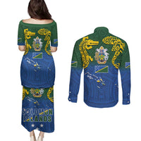 Solomon Islands Couples Matching Puletasi and Long Sleeve Button Shirt The Guardians-Tribal Crocodile and Shark Melanesian Tattoo