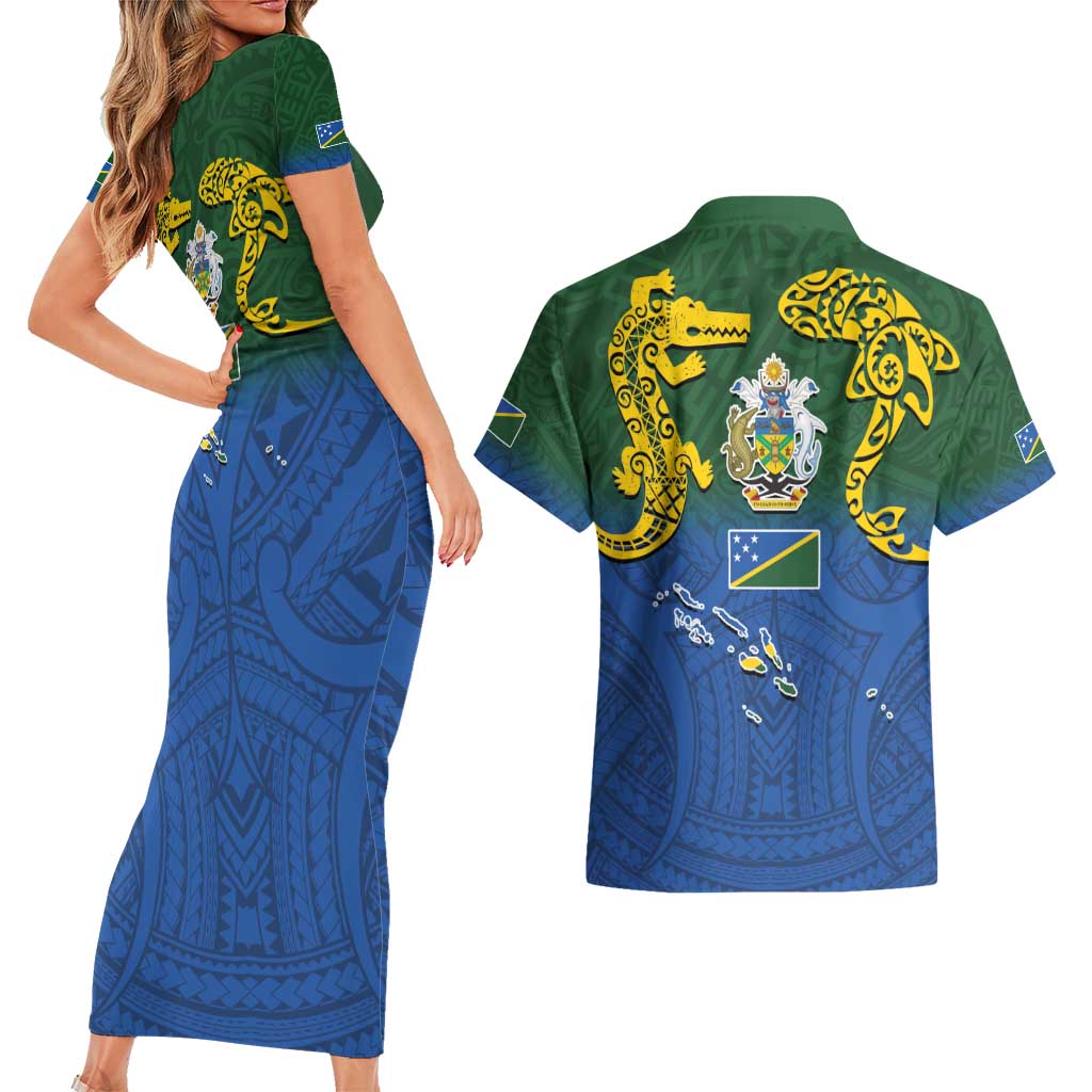 Solomon Islands Couples Matching Short Sleeve Bodycon Dress and Hawaiian Shirt The Guardians-Tribal Crocodile and Shark Melanesian Tattoo