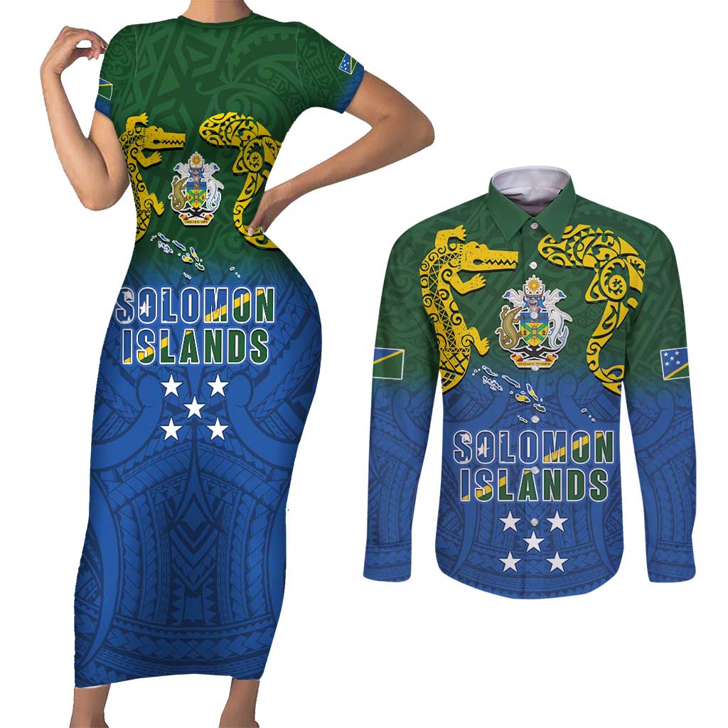 Solomon Islands Couples Matching Short Sleeve Bodycon Dress and Long Sleeve Button Shirt The Guardians-Tribal Crocodile and Shark Melanesian Tattoo