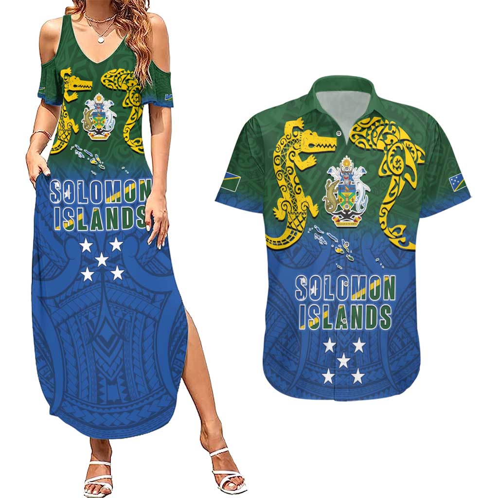 Solomon Islands Couples Matching Summer Maxi Dress and Hawaiian Shirt The Guardians-Tribal Crocodile and Shark Melanesian Tattoo