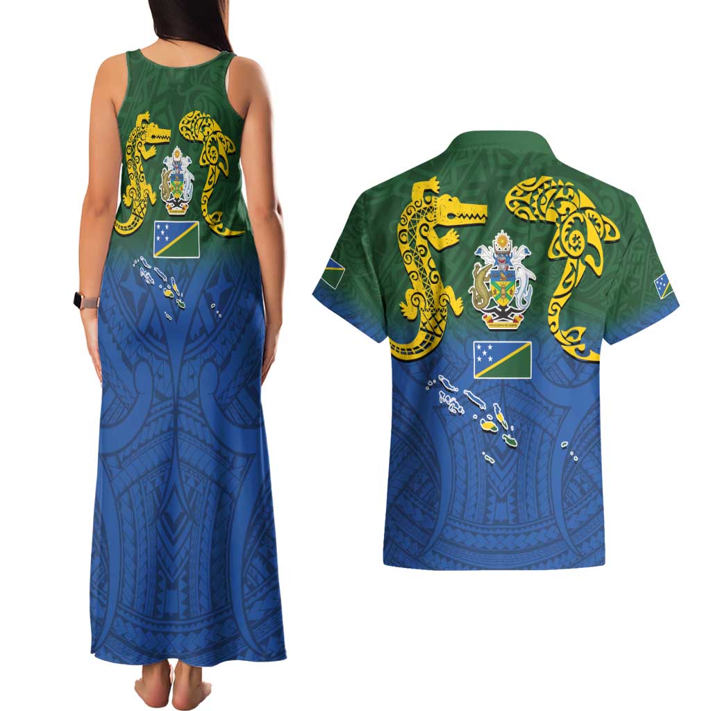 Solomon Islands Couples Matching Tank Maxi Dress and Hawaiian Shirt The Guardians-Tribal Crocodile and Shark Melanesian Tattoo