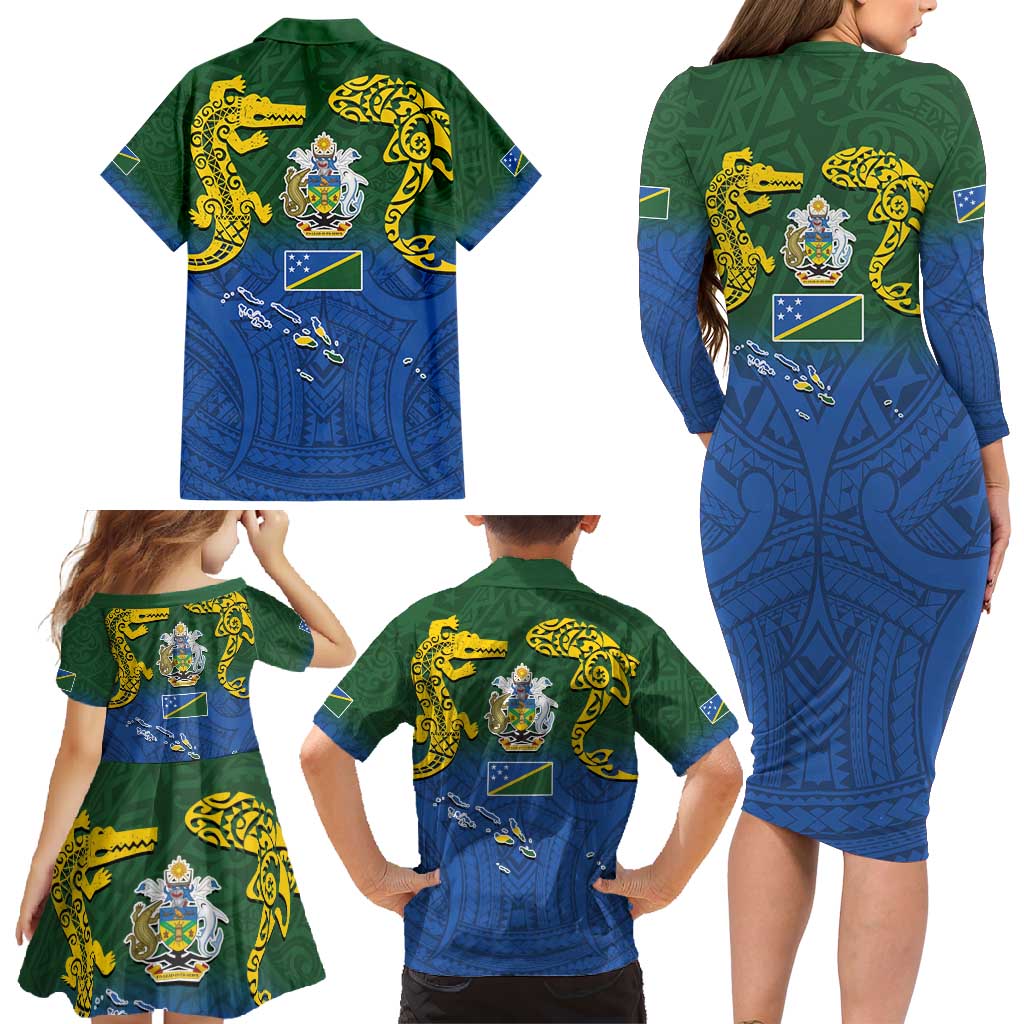 Solomon Islands Family Matching Long Sleeve Bodycon Dress and Hawaiian Shirt The Guardians-Tribal Crocodile and Shark Melanesian Tattoo
