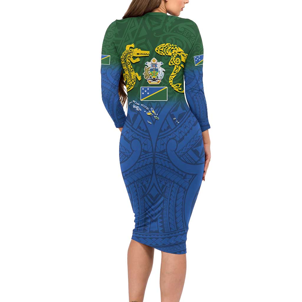 Solomon Islands Family Matching Long Sleeve Bodycon Dress and Hawaiian Shirt The Guardians-Tribal Crocodile and Shark Melanesian Tattoo
