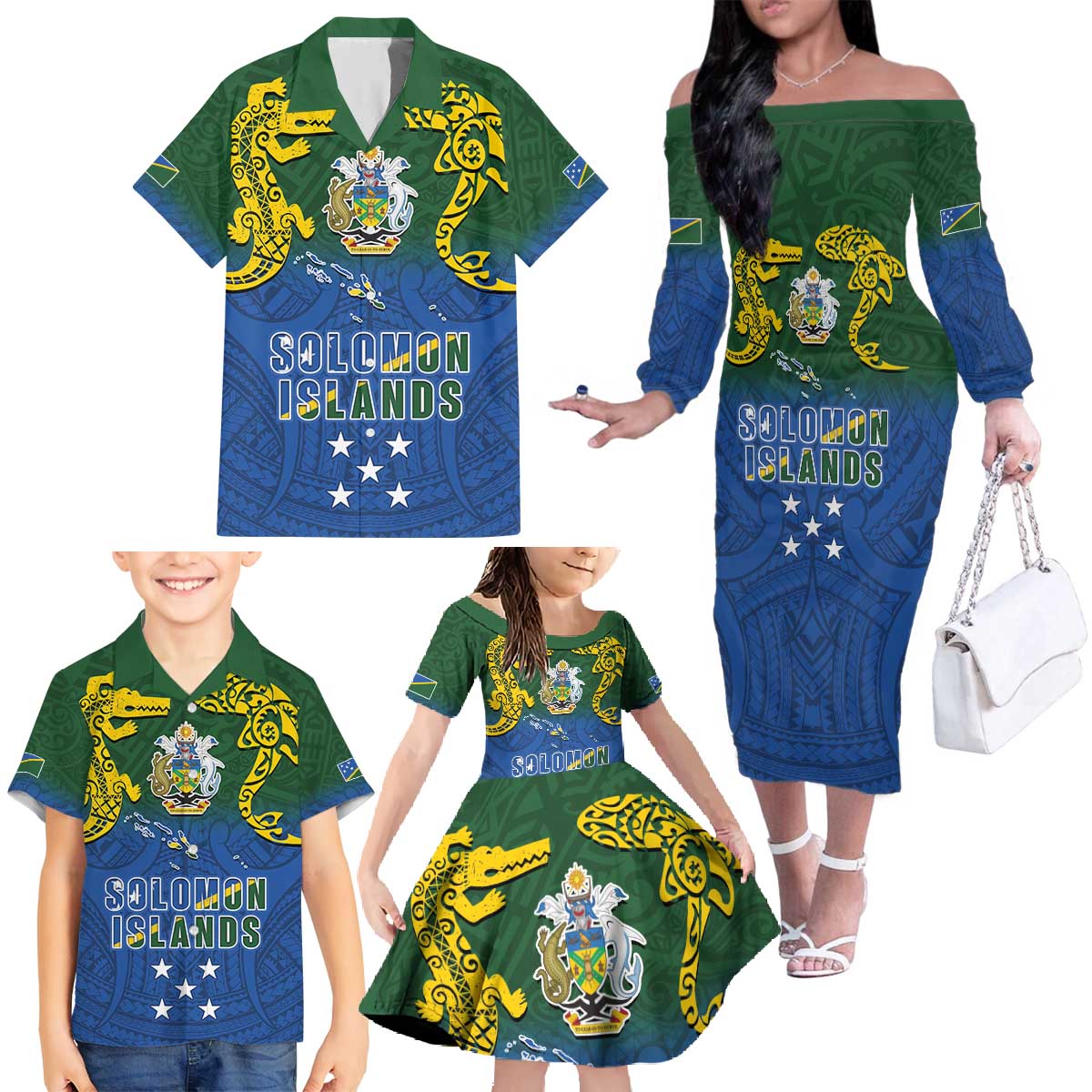 Solomon Islands Family Matching Off The Shoulder Long Sleeve Dress and Hawaiian Shirt The Guardians-Tribal Crocodile and Shark Melanesian Tattoo