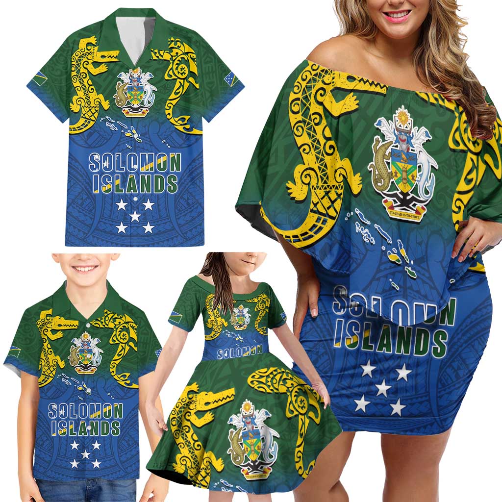 Solomon Islands Family Matching Off Shoulder Short Dress and Hawaiian Shirt The Guardians-Tribal Crocodile and Shark Melanesian Tattoo
