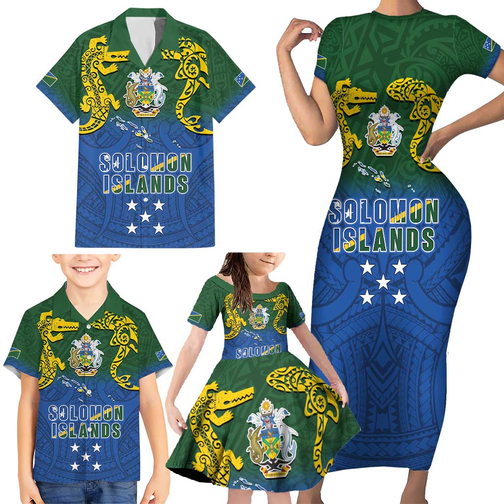 Solomon Islands Family Matching Short Sleeve Bodycon Dress and Hawaiian Shirt The Guardians-Tribal Crocodile and Shark Melanesian Tattoo