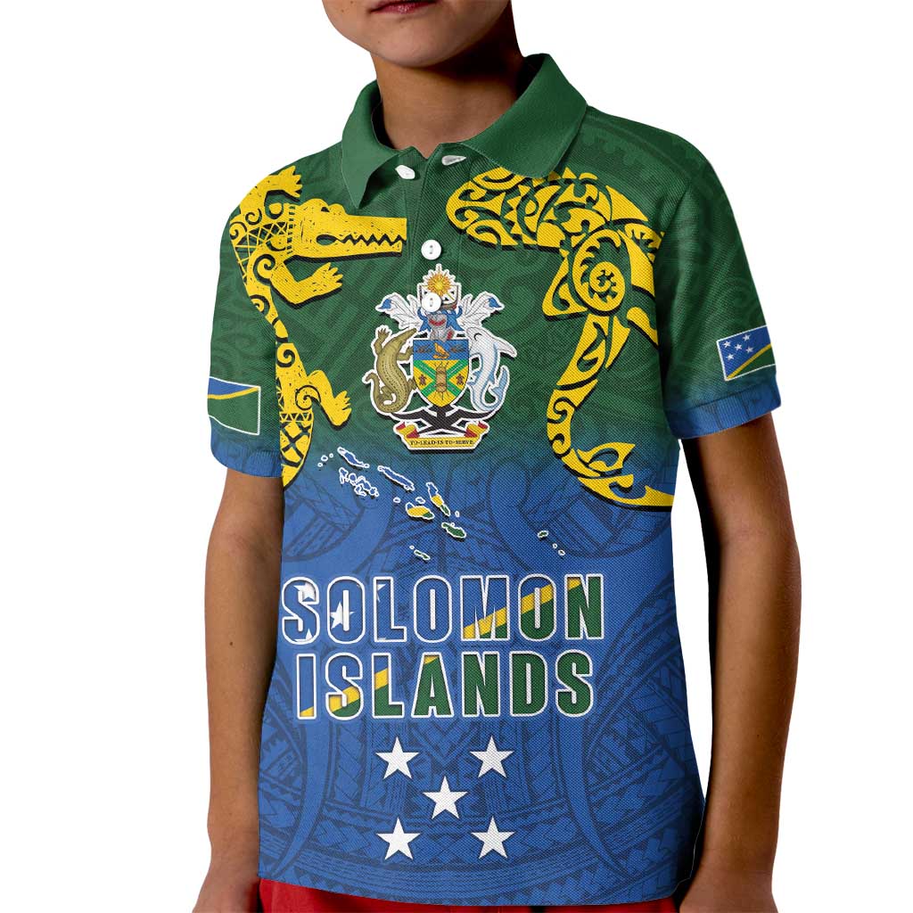 Solomon Islands Kid Polo Shirt The Guardians-Tribal Crocodile and Shark Melanesian Tattoo