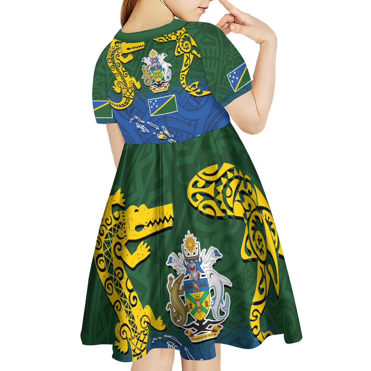 Solomon Islands Kid Short Sleeve Dress The Guardians-Tribal Crocodile and Shark Melanesian Tattoo