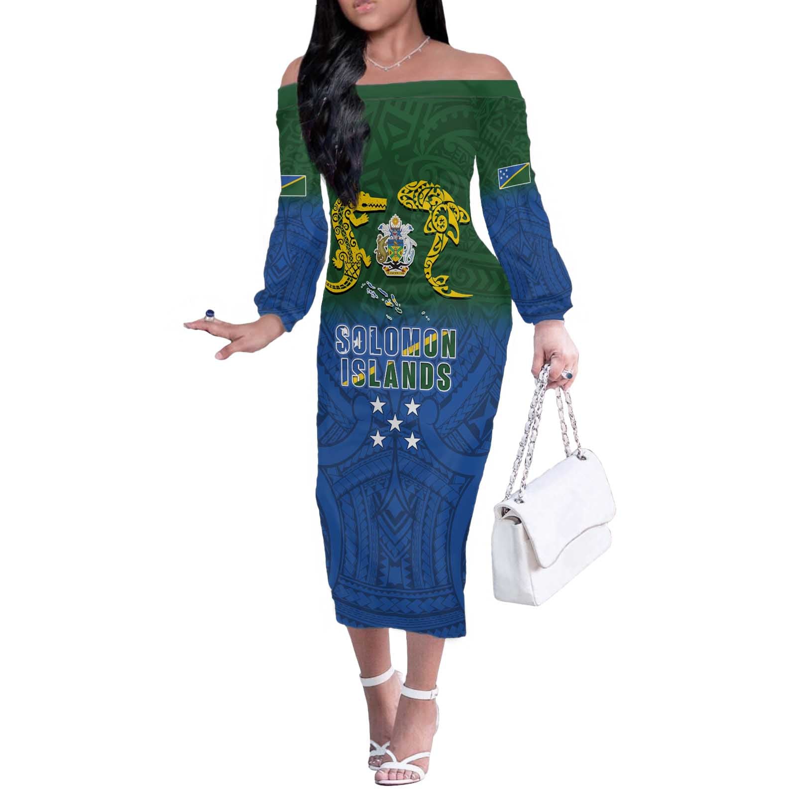 Solomon Islands Off The Shoulder Long Sleeve Dress The Guardians-Tribal Crocodile and Shark Melanesian Tattoo