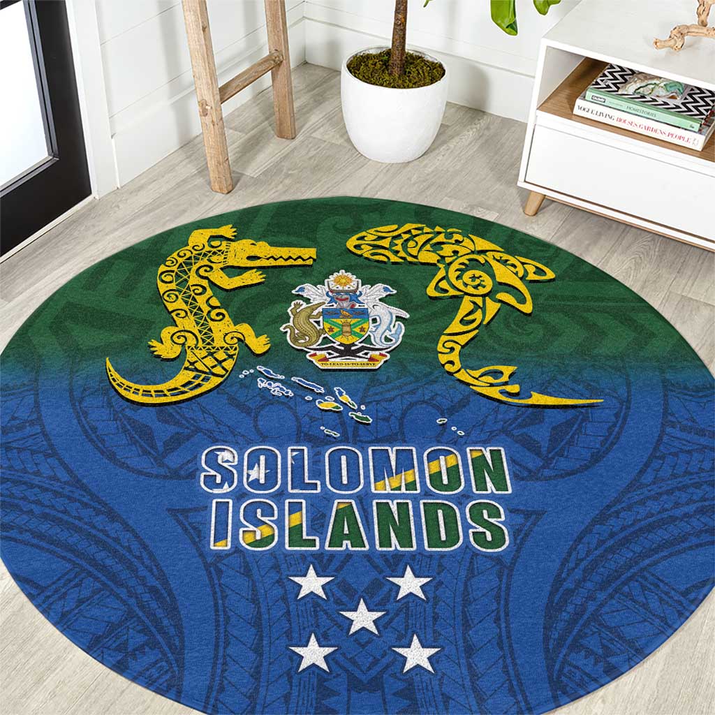 Solomon Islands Round Carpet The Guardians-Tribal Crocodile and Shark Melanesian Tattoo