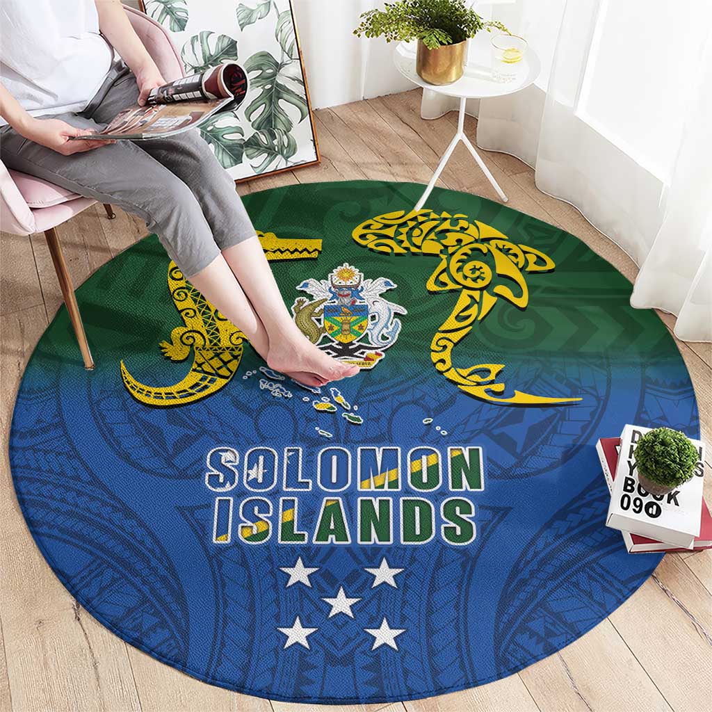 Solomon Islands Round Carpet The Guardians-Tribal Crocodile and Shark Melanesian Tattoo