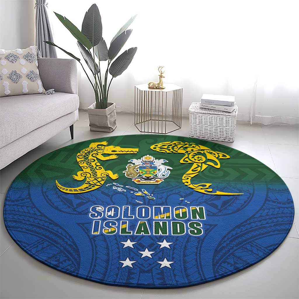 Solomon Islands Round Carpet The Guardians-Tribal Crocodile and Shark Melanesian Tattoo