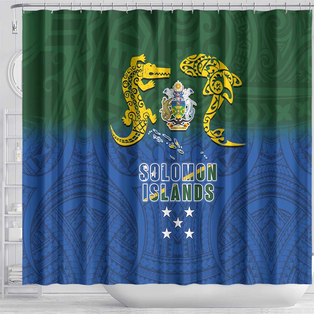 Solomon Islands Shower Curtain The Guardians-Tribal Crocodile and Shark Melanesian Tattoo