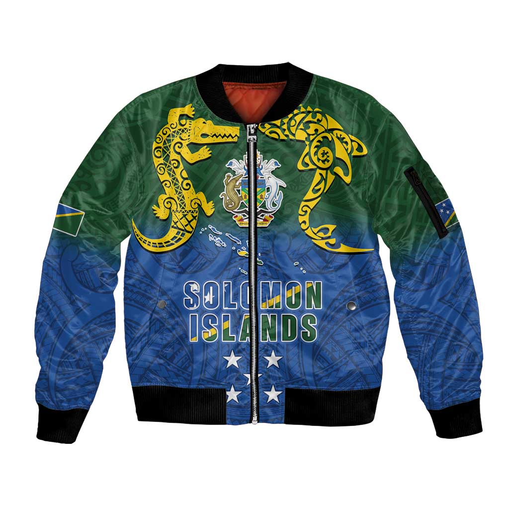 Solomon Islands Sleeve Zip Bomber Jacket The Guardians-Tribal Crocodile and Shark Melanesian Tattoo
