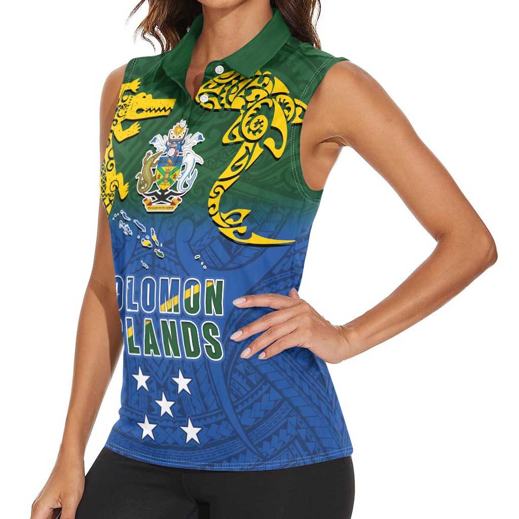 Solomon Islands Women Sleeveless Polo Shirt The Guardians-Tribal Crocodile and Shark Melanesian Tattoo