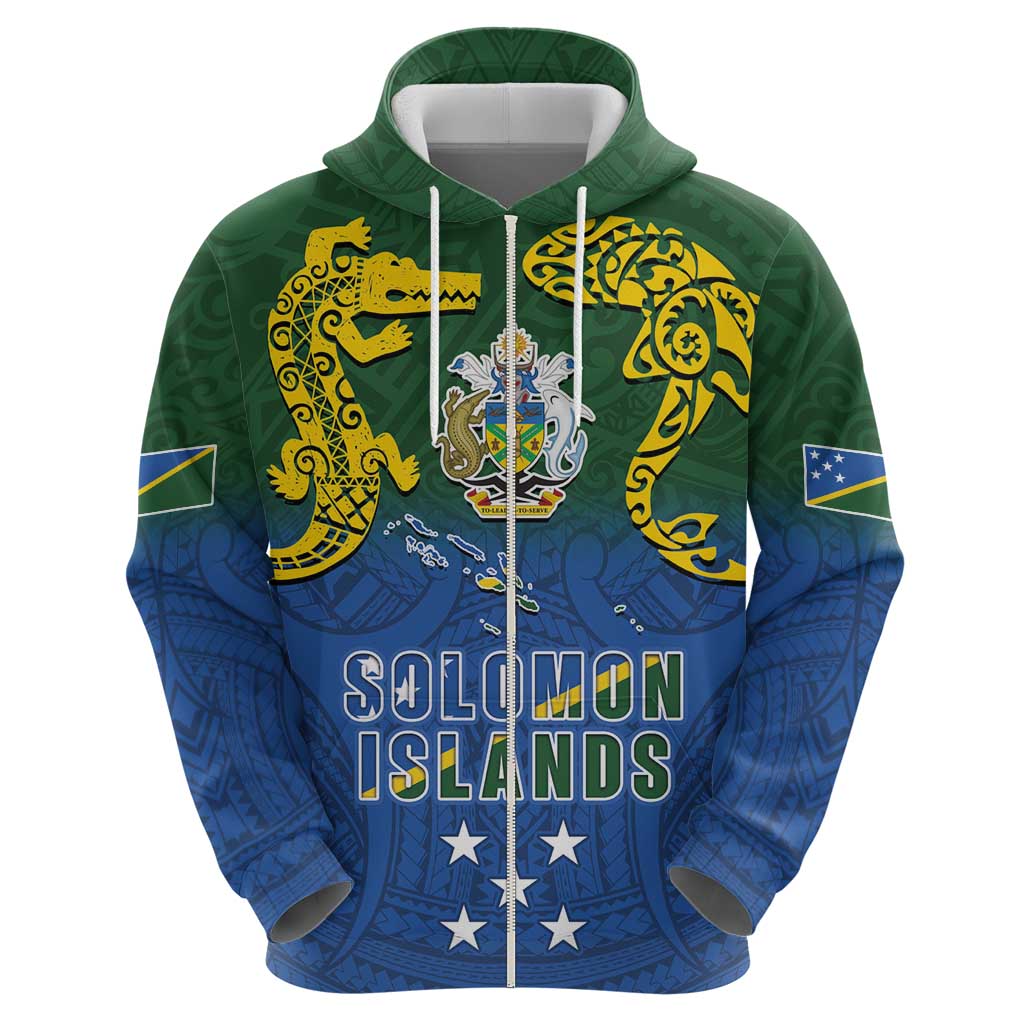 Solomon Islands Zip Hoodie The Guardians-Tribal Crocodile and Shark Melanesian Tattoo