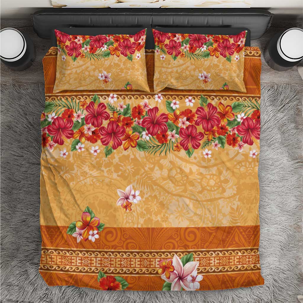 Hawaii Hibiscus Bedding Set Turtles and Tribal Motifs Vintage Floral Style
