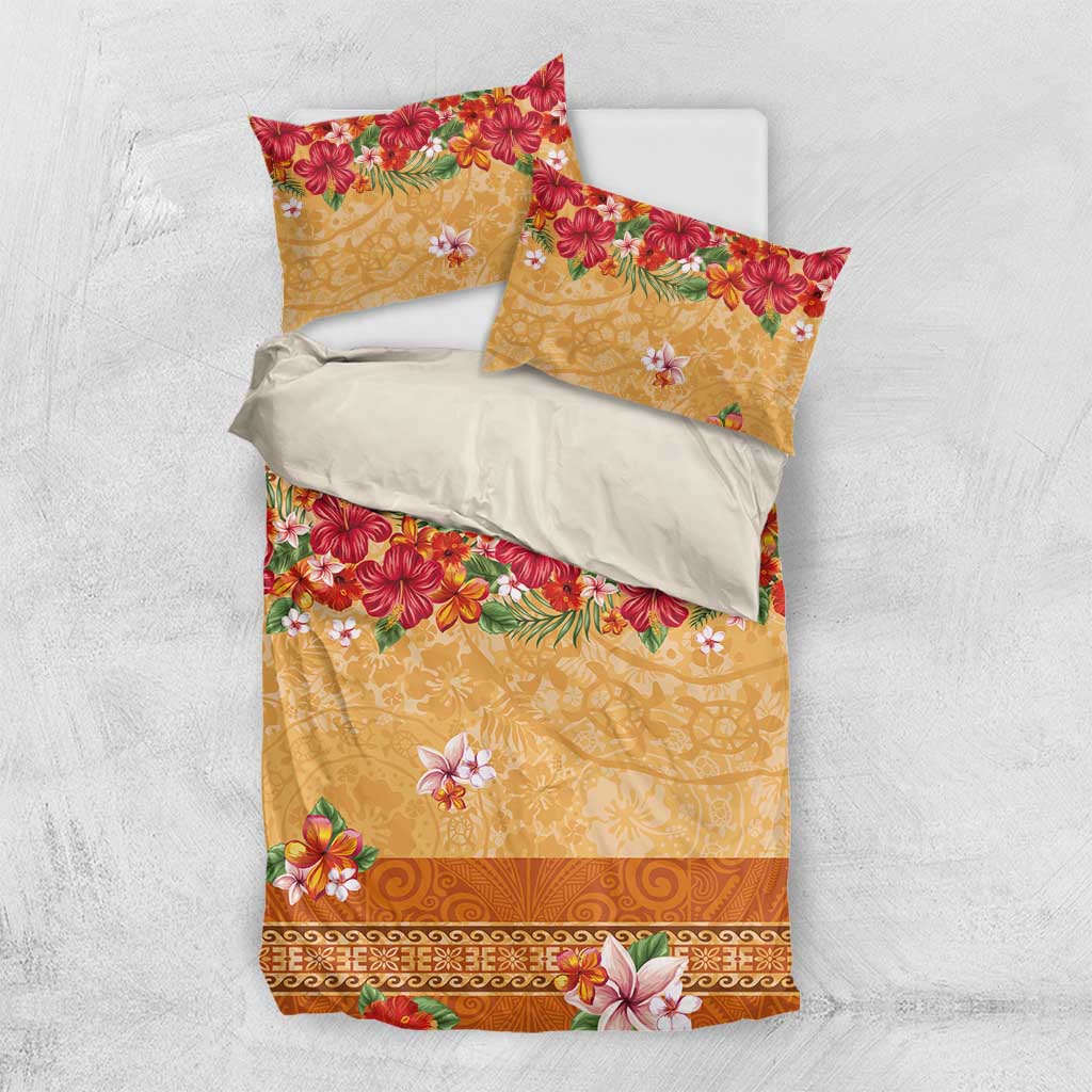 Hawaii Hibiscus Bedding Set Turtles and Tribal Motifs Vintage Floral Style LT03 US Twin 172cm x 218cm Yellow - Polynesian Pride