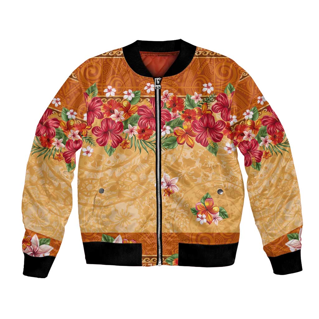 Hawaii Hibiscus Bomber Jacket Turtles and Tribal Motifs Vintage Floral Style LT03 Unisex Yellow - Polynesian Pride