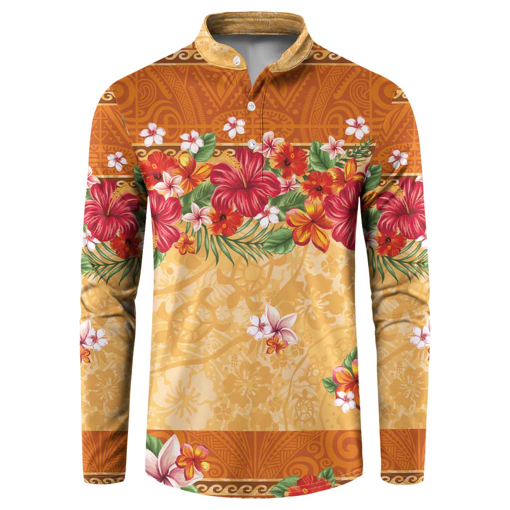 Hawaii Hibiscus Button Sweatshirt Turtles and Tribal Motifs Vintage Floral Style LT03 Yellow - Polynesian Pride