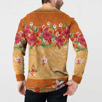 Hawaii Hibiscus Button Sweatshirt Turtles and Tribal Motifs Vintage Floral Style LT03 - Polynesian Pride