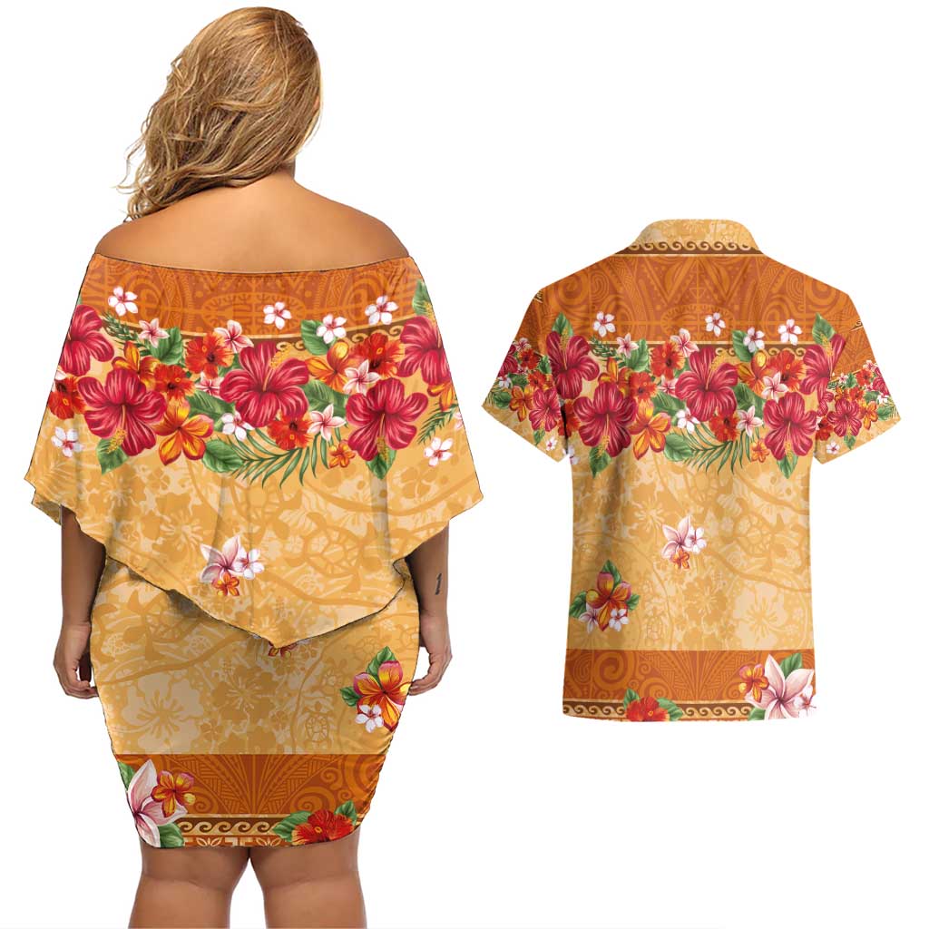 Hawaii Hibiscus Couples Matching Off Shoulder Short Dress and Hawaiian Shirt Turtles and Tribal Motifs Vintage Floral Style