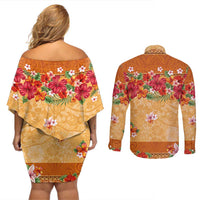 Hawaii Hibiscus Couples Matching Off Shoulder Short Dress and Long Sleeve Button Shirt Turtles and Tribal Motifs Vintage Floral Style