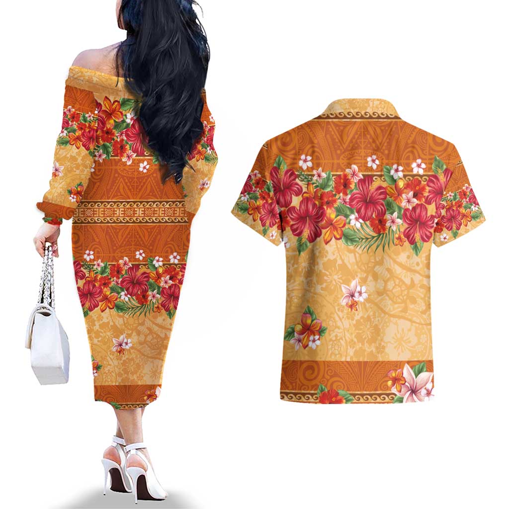 Hawaii Hibiscus Couples Matching Off The Shoulder Long Sleeve Dress and Hawaiian Shirt Turtles and Tribal Motifs Vintage Floral Style