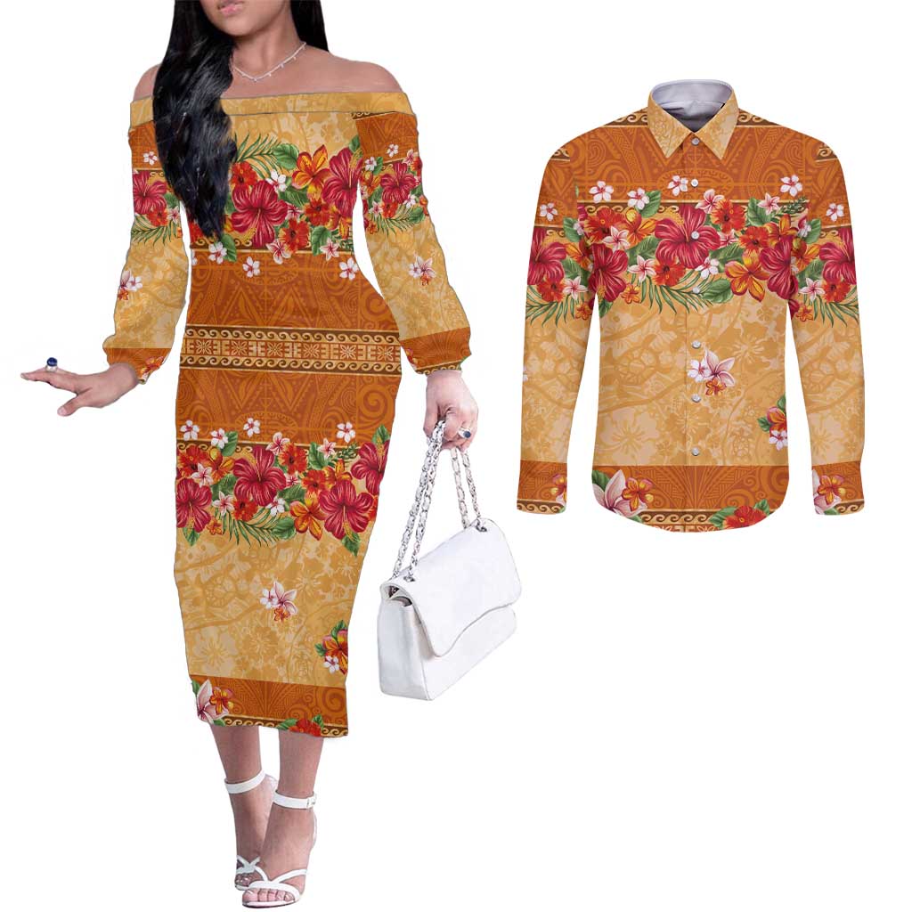 Hawaii Hibiscus Couples Matching Off The Shoulder Long Sleeve Dress and Long Sleeve Button Shirt Turtles and Tribal Motifs Vintage Floral Style