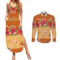 Hawaii Hibiscus Couples Matching Summer Maxi Dress and Long Sleeve Button Shirt Turtles and Tribal Motifs Vintage Floral Style