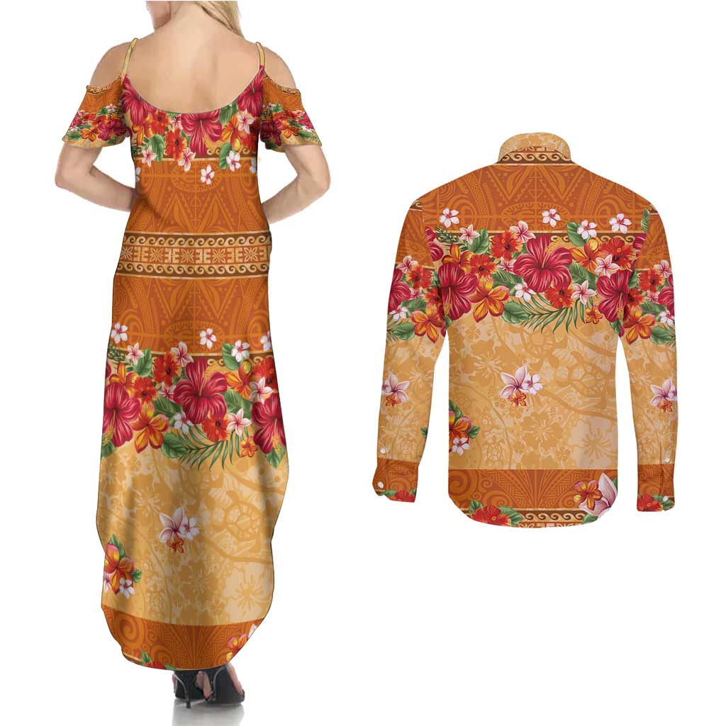 Hawaii Hibiscus Couples Matching Summer Maxi Dress and Long Sleeve Button Shirt Turtles and Tribal Motifs Vintage Floral Style