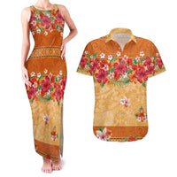 Hawaii Hibiscus Couples Matching Tank Maxi Dress and Hawaiian Shirt Turtles and Tribal Motifs Vintage Floral Style